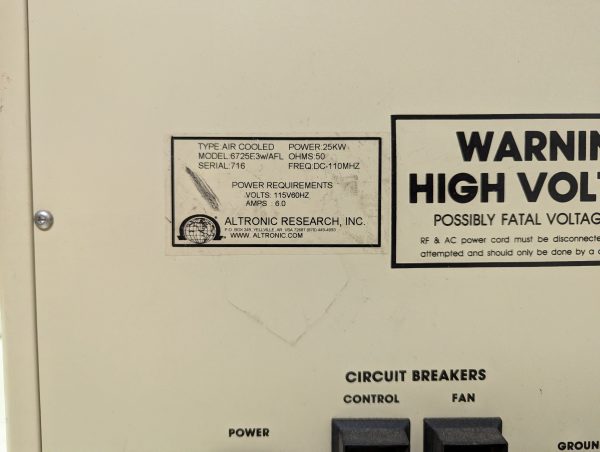 Altronic 25 KW air cooled RF test load, 6725E3 - Image 2